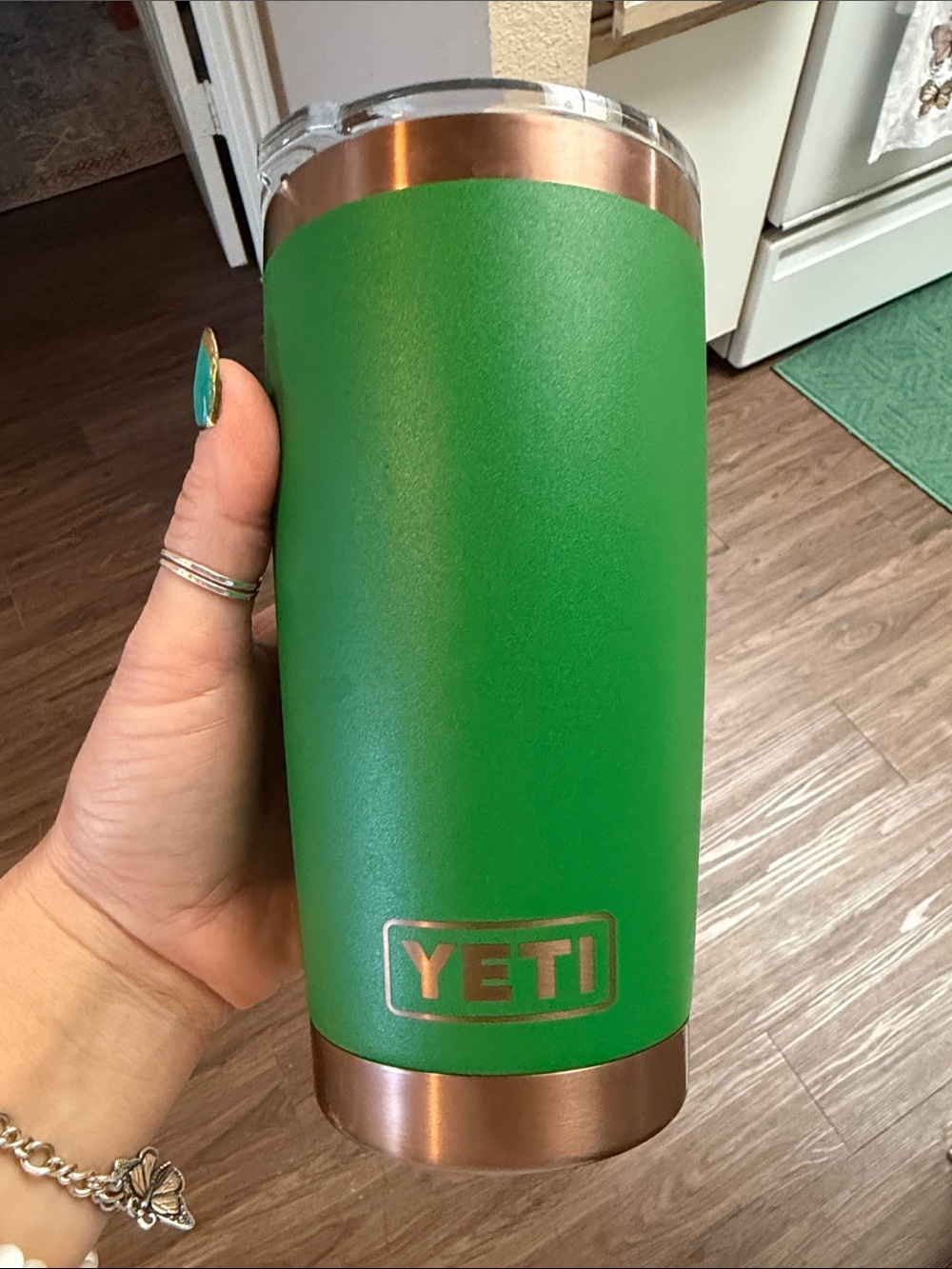 Yeti Green Tumbler with Copper Accents and Longhorn Flag Design - Picture 3 of 3